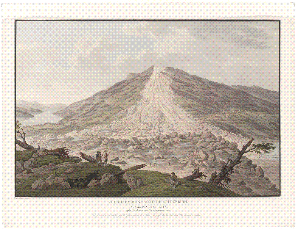 Hand-coloured etching looking north into the scar left on the Rossberg after the 1806 landslide: a vast funnel of bare rock and rubble spreading down into the valley of Goldau, with lakes on either side and tiny figures on the debris field in the foreground.
