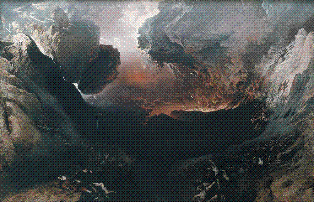 Dark apocalyptic oil painting: a huge mass of rock and a ruined city tilt and fall from the upper right into a chasm lit by lurid red and orange light, with crowds of tiny human figures tumbling and piled at the lower edge of the collapsing landscape.