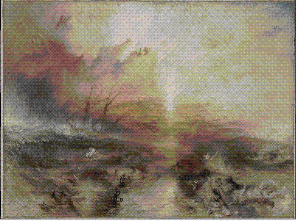 A sailing ship in a fiery red-and-gold sea under a coming storm, with human figures and chains sinking in the foreground waves.