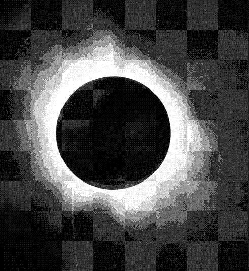 Positive print of the 29 May 1919 total solar eclipse showing the corona and a solar prominence, from the expedition report that confirmed general relativity