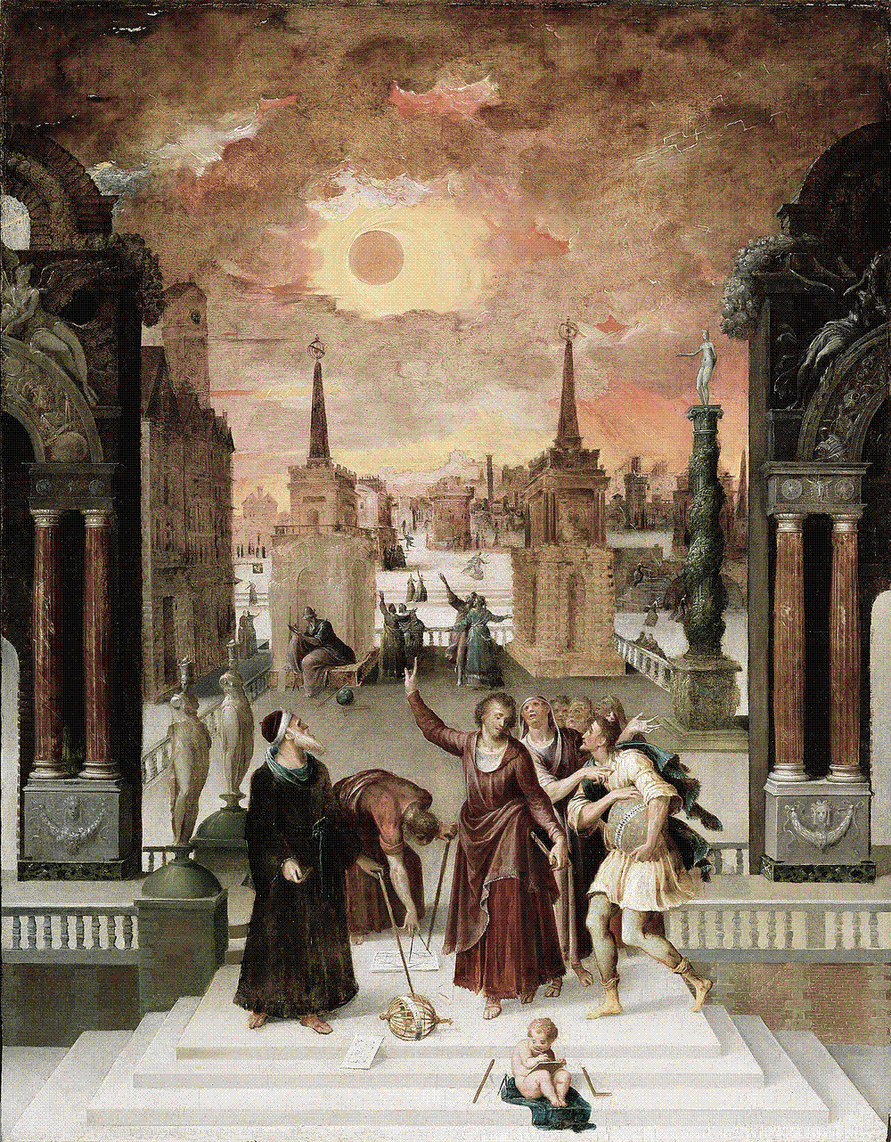 Painting of philosophers in flowing robes gathered around an armillary sphere and celestial globe, gesturing toward a darkened sun in a stormy sky