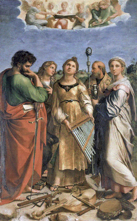 Saint Cecilia stands holding a portative organ whose pipes slip from her hands as she gazes up toward a choir of angels, flanked by four saints, with musical instruments scattered at her feet.