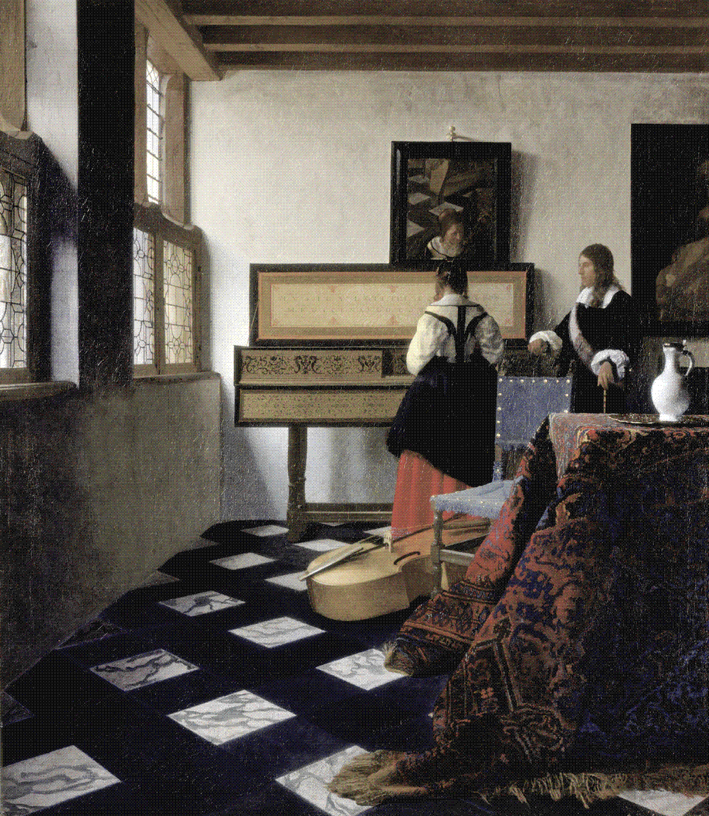 In a sunlit Dutch interior with a tiled floor and a leaded window, a woman stands at a virginal with her back to the viewer while a man beside her listens; a viola da gamba rests on the floor.