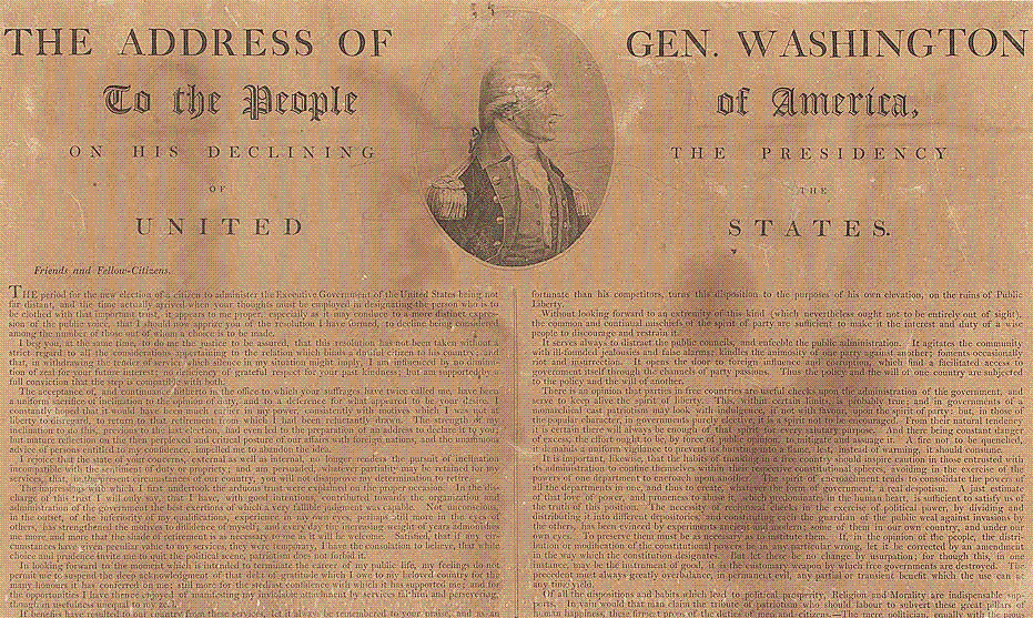 First page of the broadside printing of Washington's Farewell Address, September 19, 1796