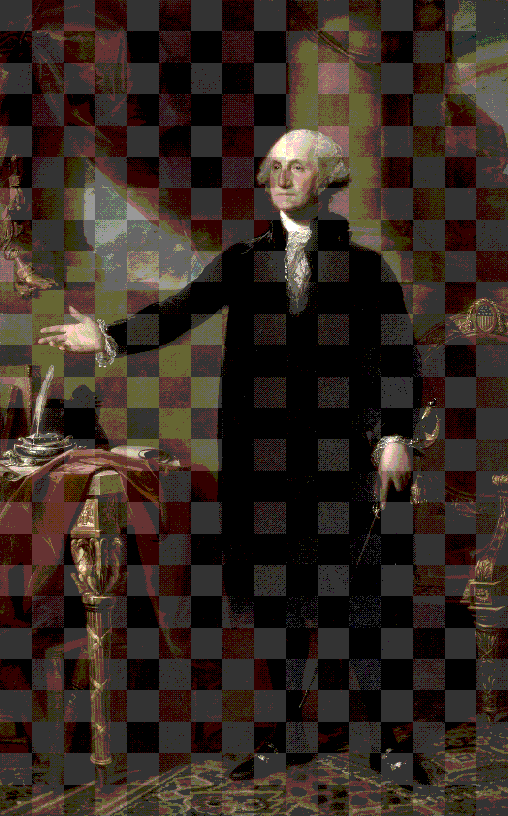 Full-length portrait of George Washington standing in a black velvet suit, right arm outstretched beside a desk with papers of state, a sheathed sword in his left hand
