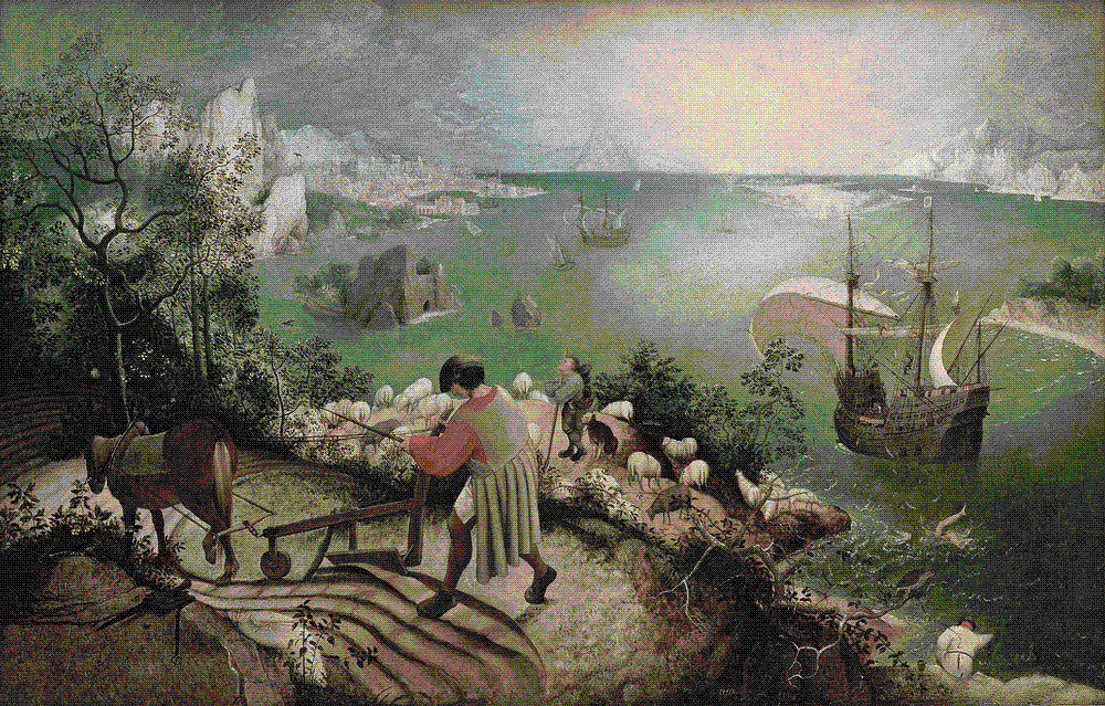 A serene coastal landscape with a ploughman, shepherd and ships; Icarus's legs disappear into the sea at lower right