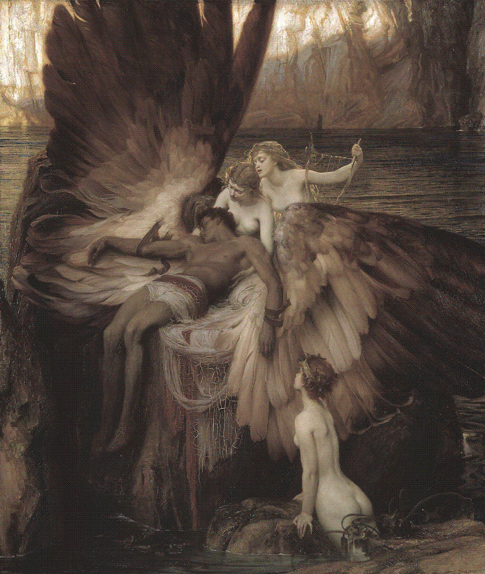 The dead Icarus with large golden wings draped over a dark rock, mourned by three sea-nymphs against a dusky sky