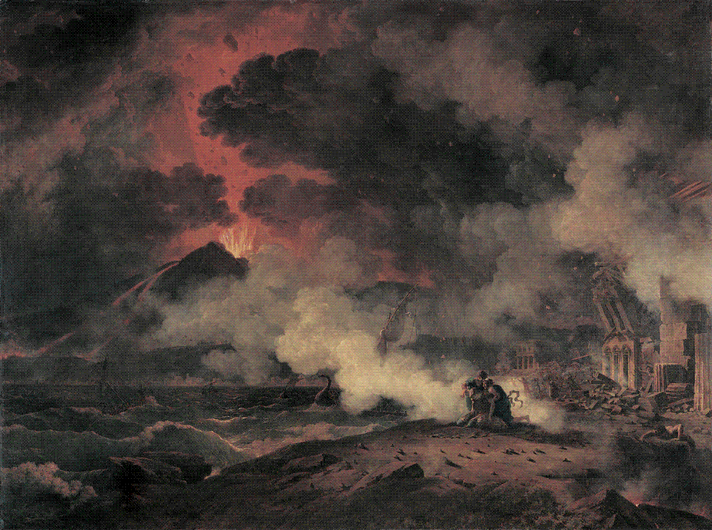 Pierre-Henri de Valenciennes, The Eruption of Vesuvius on 24 August AD 79 (1813), oil on canvas, Musee des Augustins, Toulouse: a red fire fountain above the cone, black ash clouds over the bay and figures sheltering among ruins in the foreground.