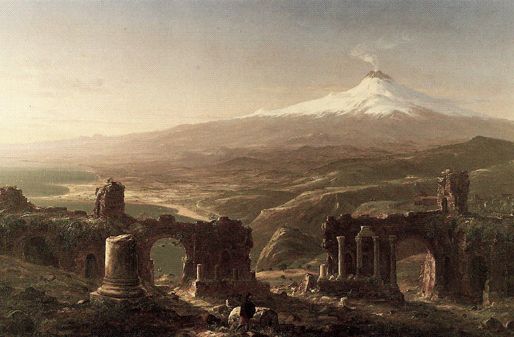 Thomas Cole, Mount Etna from Taormina (1843), oil on canvas: the snow-capped volcano trailing a thin plume of smoke above the ruins of the Greek theatre and the Sicilian coastal plain.