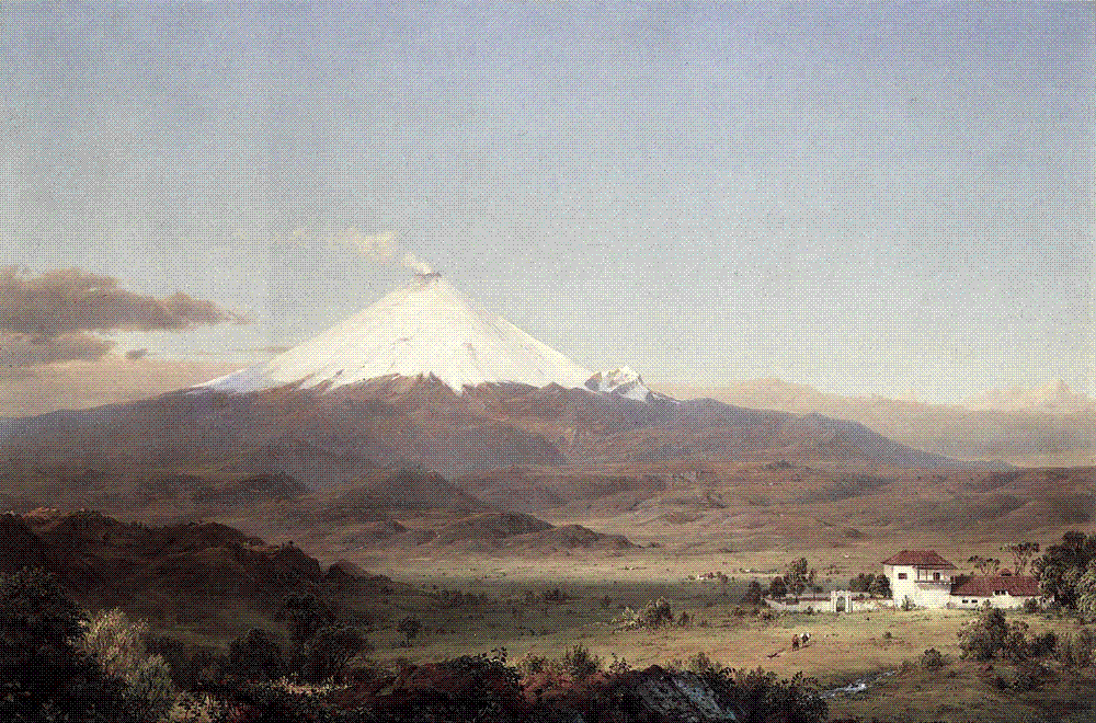 Frederic Edwin Church, Cotopaxi (1855), oil on canvas, Smithsonian American Art Museum: the snow-covered volcano releasing a single plume of smoke above a broad green valley with a hacienda and travellers in the right foreground.