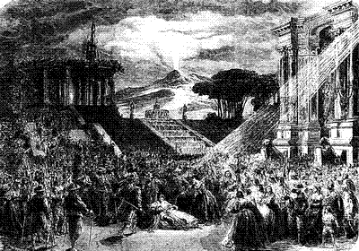 Nineteenth-century engraving of the volcanic eruption scene that ends Auber's La Muette de Portici, showing Vesuvius smoking behind the stage architecture as the crowd scatters, reproduced in Germain Bapst, Essai sur l'histoire du théâtre (1893).