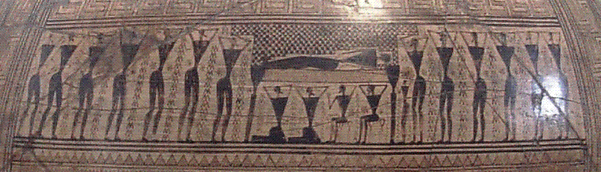 Frieze from the Dipylon funerary amphora (Athens, c. 760-750 BC) showing the prothesis: the dead laid out on a bier under a shroud, flanked by rows of mourners with hands raised to their heads