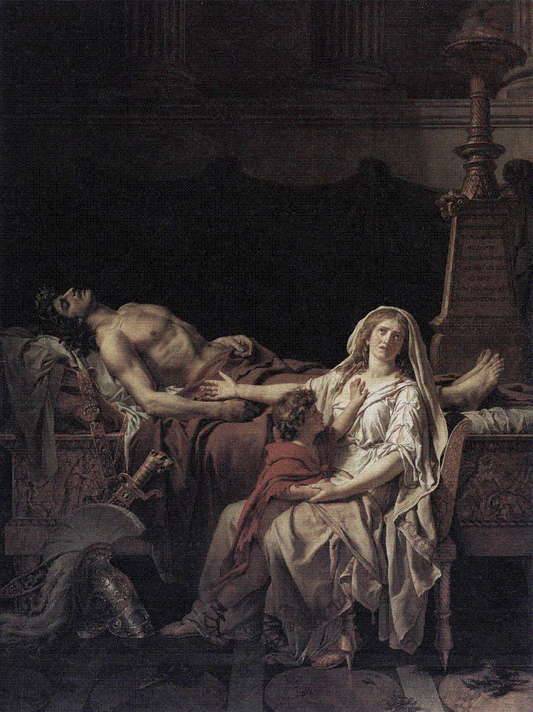 Jacques-Louis David, Andromache Mourning Hector (1783): Andromache and her small son beside Hector's body laid out on a bier