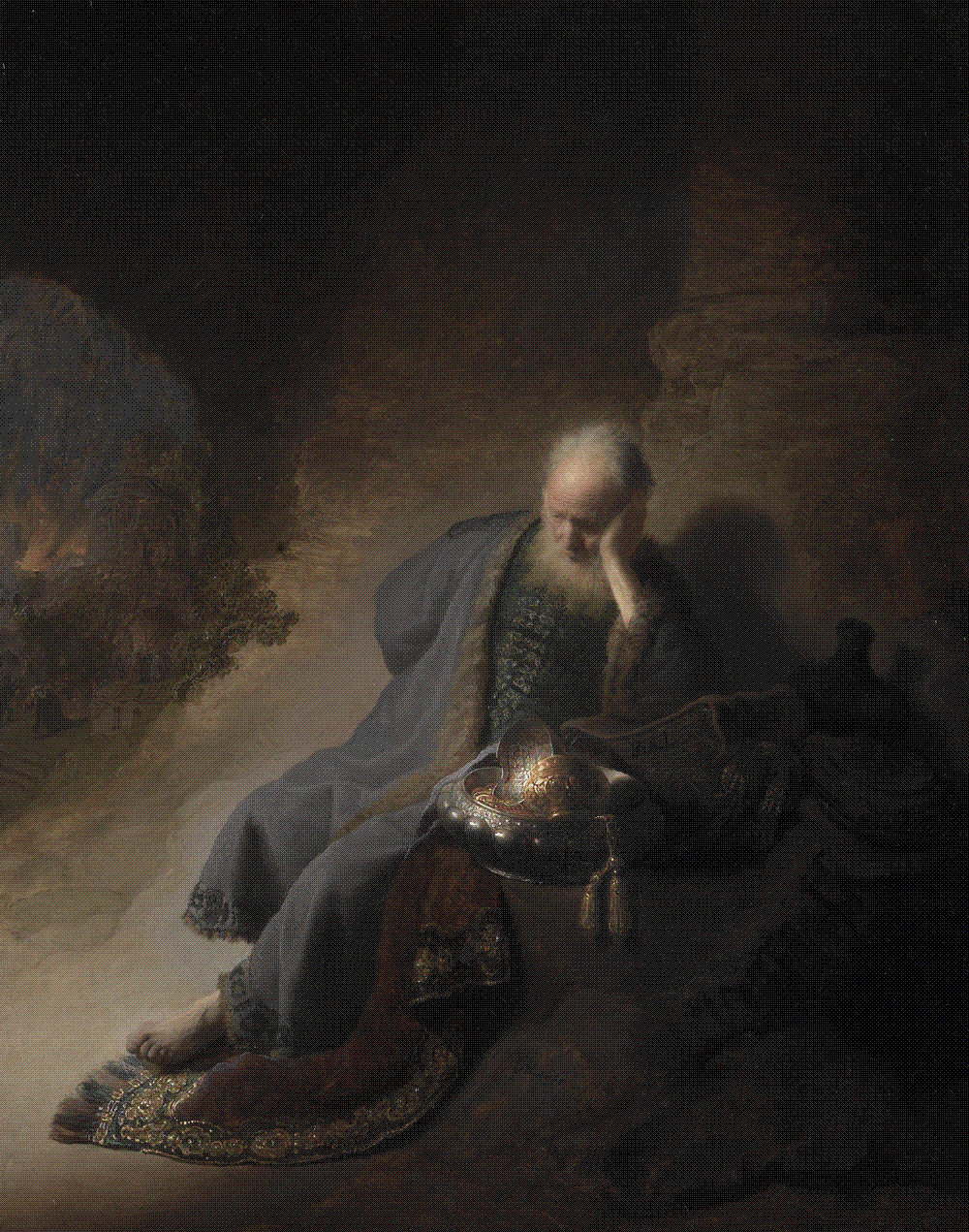 Rembrandt van Rijn, Jeremiah Lamenting the Destruction of Jerusalem (1630), Rijksmuseum, Amsterdam: the prophet slumped in mourning as the city burns behind him