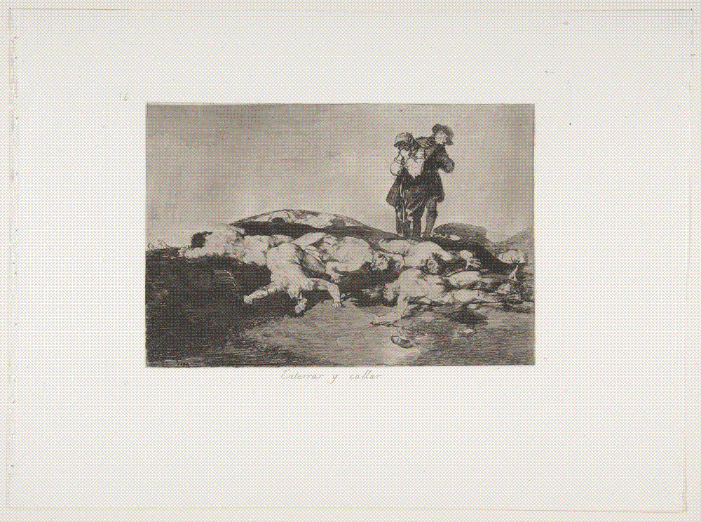 Goya, 'Enterrar y callar' (Bury them and keep quiet), plate 18 of Los Desastres de la Guerra: two figures recoiling above a heap of unburied corpses