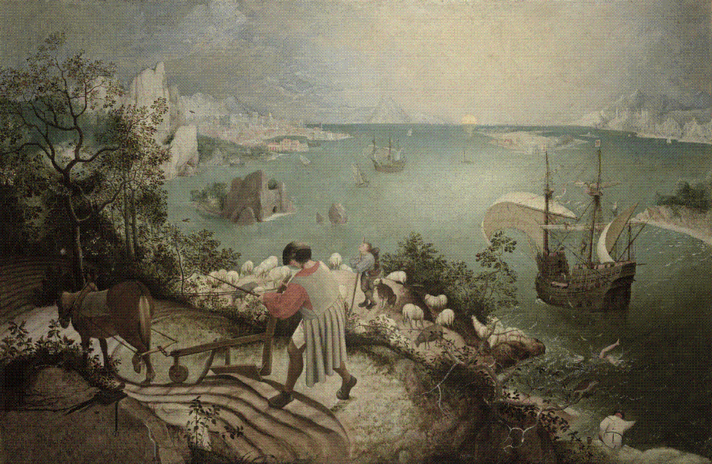 A tranquil coastal landscape dominated by a ploughman and a shepherd, while in the lower right the legs of the drowning Icarus disappear into the sea beside a passing ship.