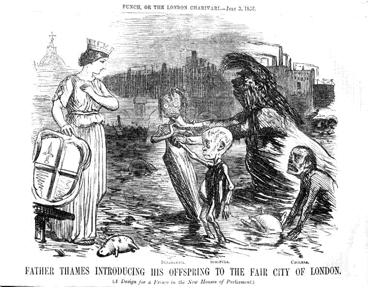 An 1858 Punch cartoon in which a filthy Father Thames rises from the polluted river to introduce his offspring — Diphtheria, Scrofula and Cholera — to the fair city of London.