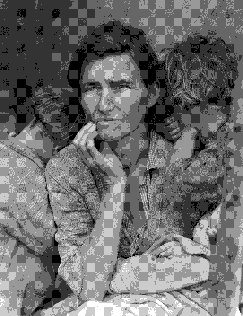 Dorothea Lange's Migrant Mother: Florence Owens Thompson, a drought refugee and pea picker in Nipomo, California, 1936, with two children leaning on her shoulders.
