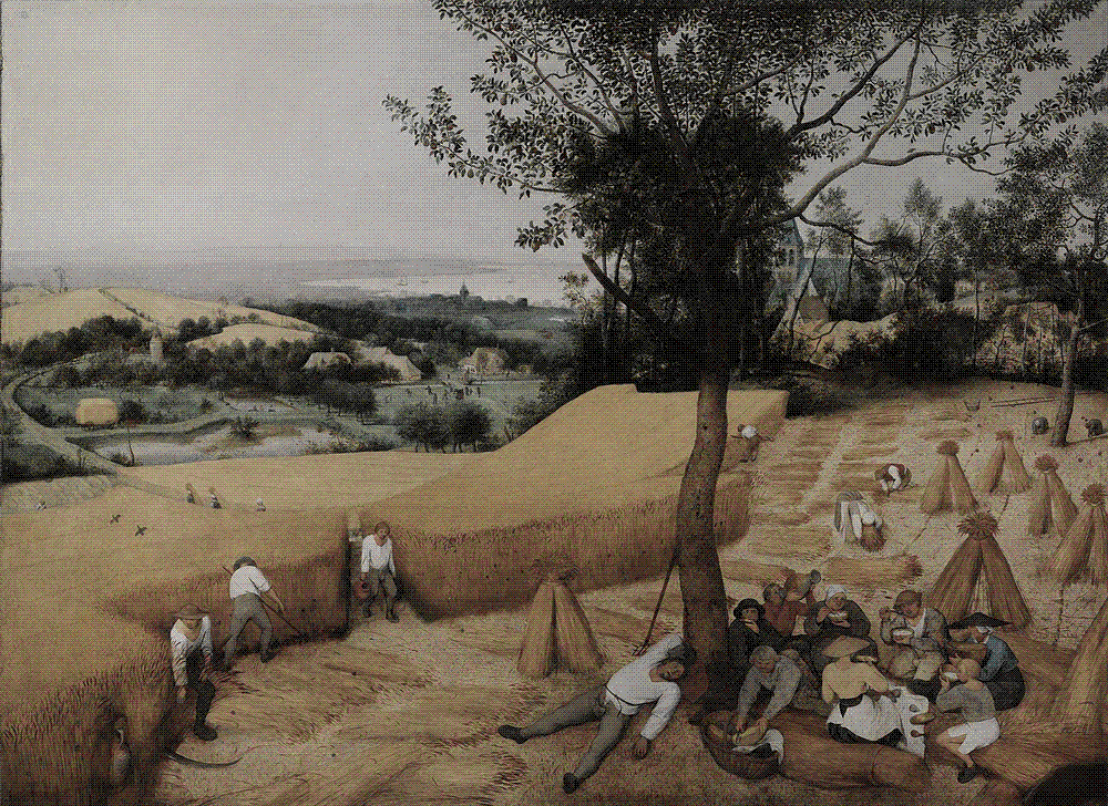 Pieter Bruegel the Elder's The Harvesters (1565): peasants scythe a golden wheat field while others eat and sleep beneath a tree under a hazy high-summer sky.