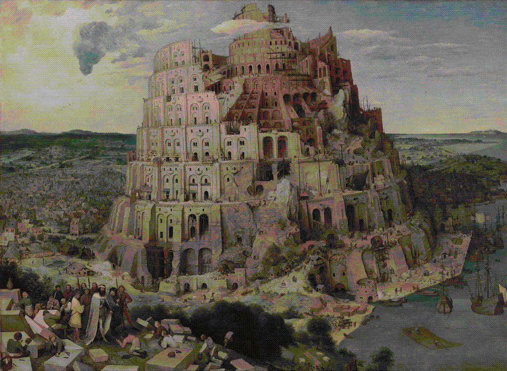 Pieter Bruegel the Elder's 1563 painting of the Tower of Babel: a vast, half-finished spiral tower under construction, rising through the clouds above a Flemish port city.