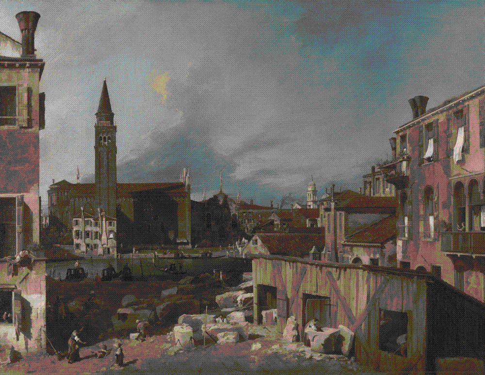 Canaletto's mid-1720s painting of a Venetian campo turned into a working stonemasons' yard, with rough blocks of stone and labourers at work beside the Grand Canal.