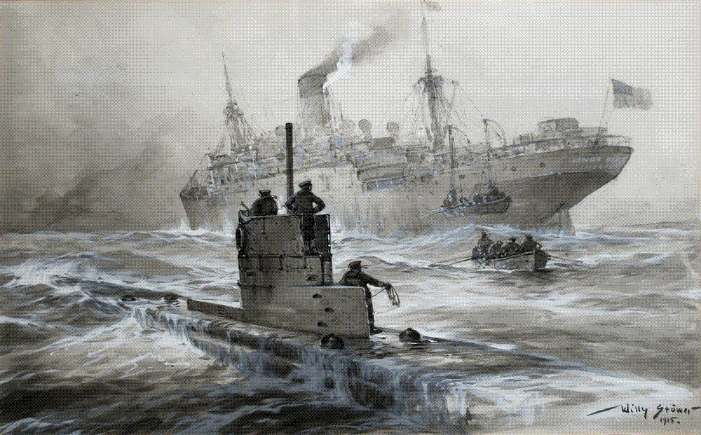 Painting of a German U-boat on the surface beside a listing merchant steamer, whose crew is rowing away in an open lifeboat across a grey sea.