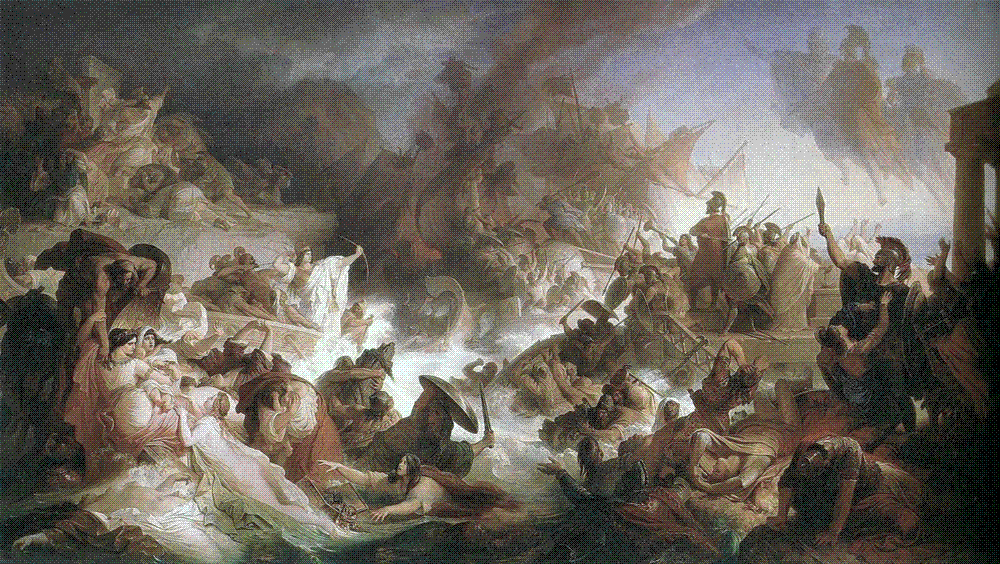 Panoramic nineteenth-century history painting of the Battle of Salamis: ancient warships jammed together and burning in a narrow channel between cliffs, drowning sailors in the foreground, and the Persian king enthroned on a rocky height at the right watching the destruction.