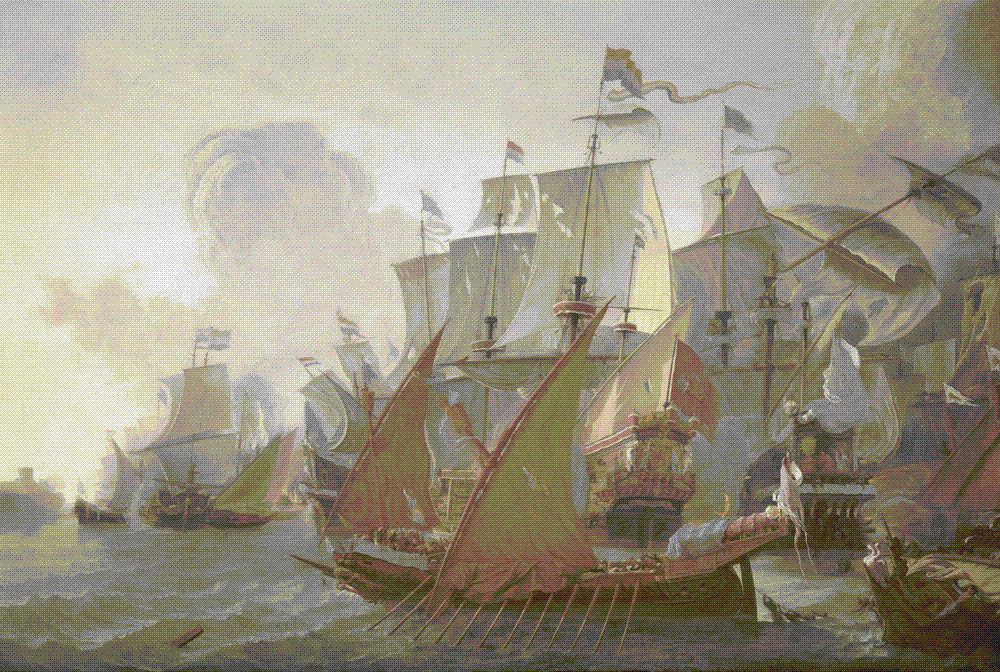 Seventeenth-century marine painting of a crowded action at sea: a low Barbary corsair galley with a gold crescent on its stern lies alongside towering Dutch merchantmen under sail, with archers in the galley's bow and gun smoke drifting across the water.