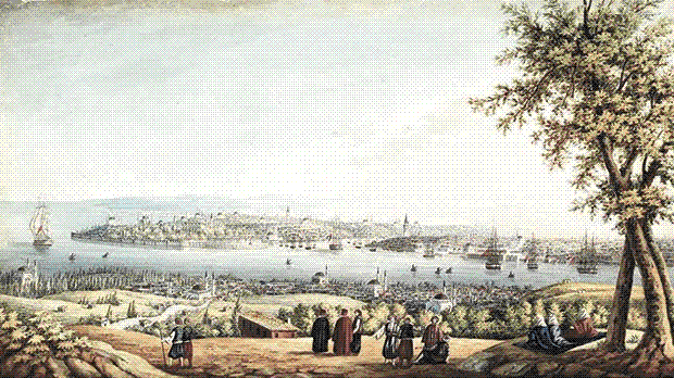 Nineteenth-century view down the Bosphorus from the heights above Scutari (Üsküdar), the site of ancient Chrysopolis, with shipping in the strait below