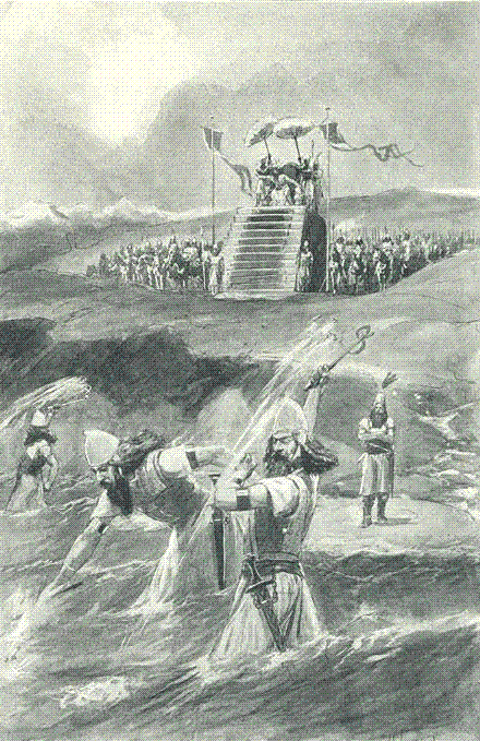 1909 illustration depicting Xerxes ordering the Hellespont scourged with three hundred lashes after a storm destroyed his bridges