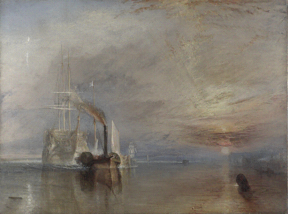 Turner's painting of the pale warship Temeraire towed up the Thames by a dark steam tug beneath a blazing sunset