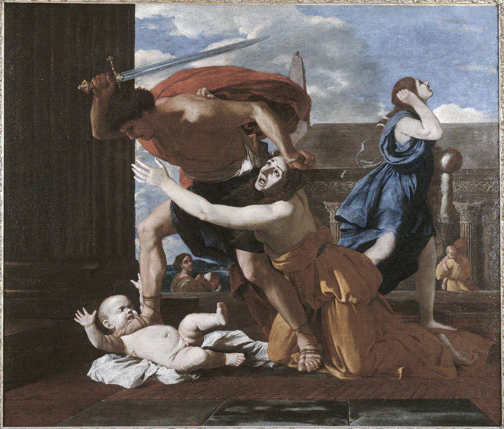 A Roman soldier pins a mother to the ground with his knee, sword raised over her infant as she screams; another woman flees with a dead child across a sunlit classical square.