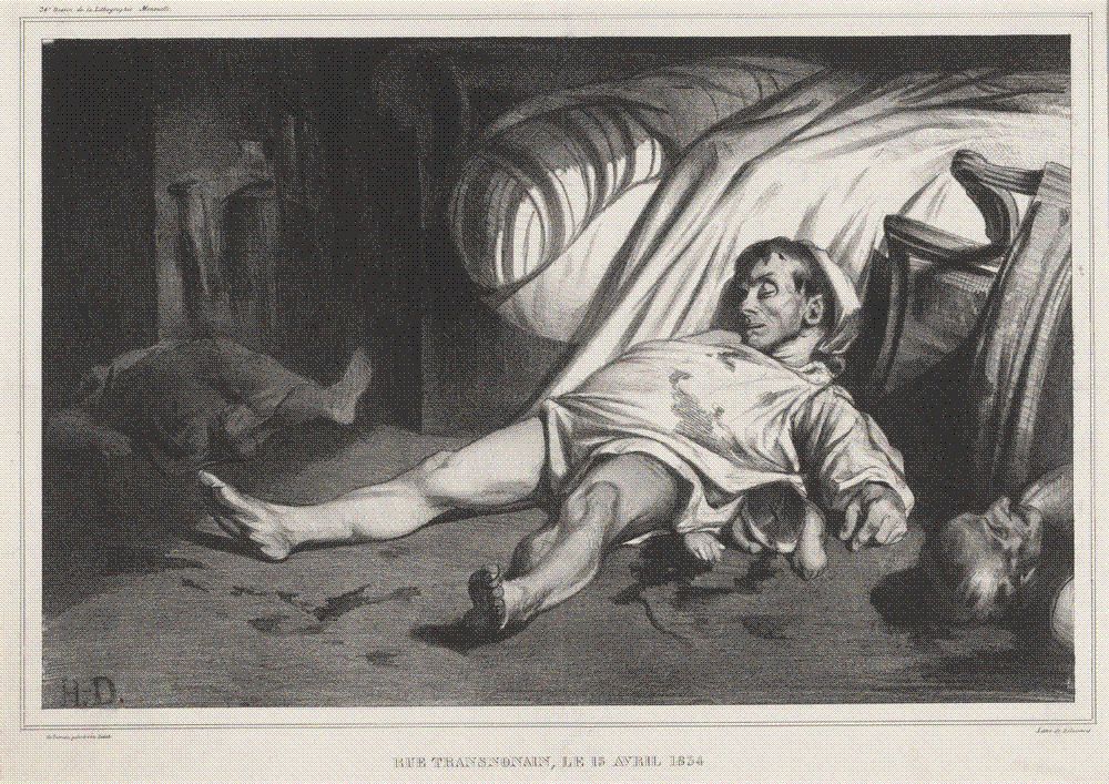 A stark black-and-white lithograph of a working-class man in his nightshirt lying dead on the floor of a bare room, fallen across the body of a small child, after a massacre in an ordinary home.