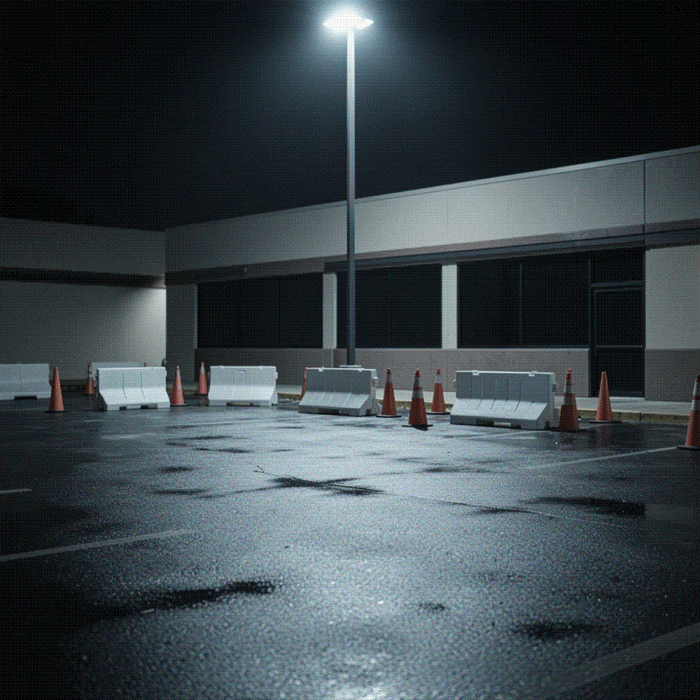 A deserted American shopping-center parking lot at dusk cordoned off with police tape under cold overhead lights.