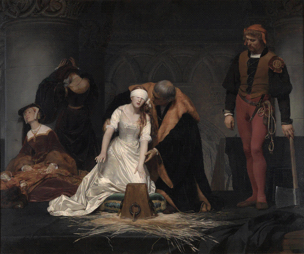 A blindfolded young woman in a white gown kneels and reaches for a wooden execution block as a man gently steadies her hands and an axeman stands by in a dim stone chamber.