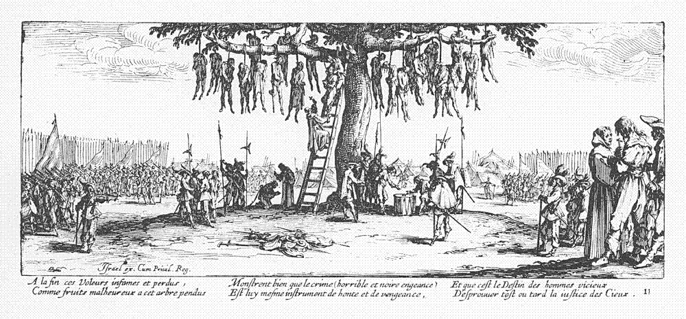 A crowded 17th-century etching of a large tree hung with many bodies, soldiers with pikes and muskets gathered below, a ladder against the trunk and a priest attending a man about to be hanged.