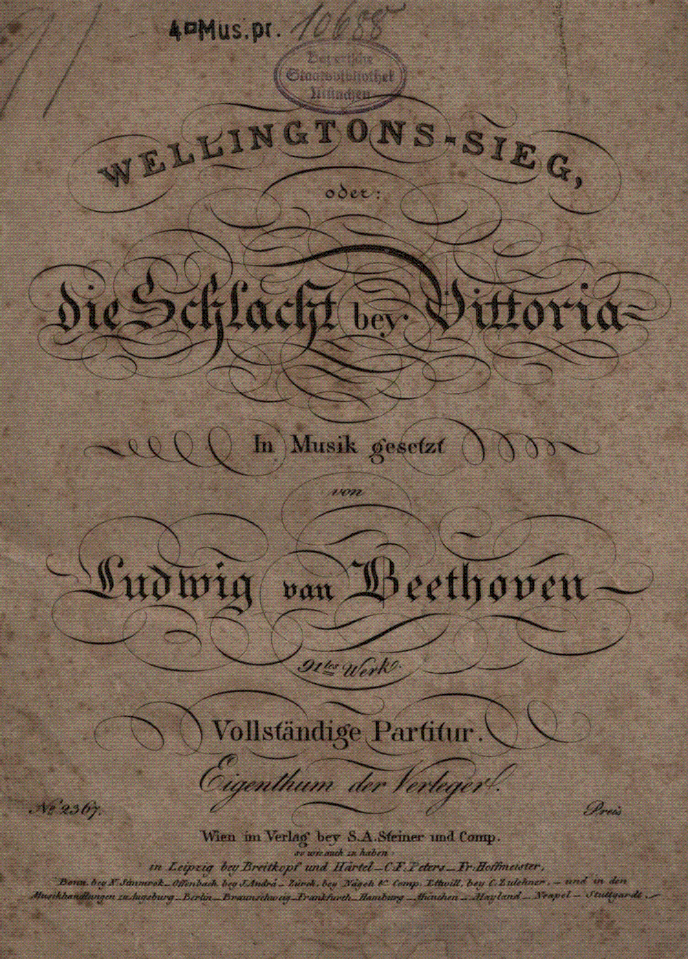 Engraved title page of an 1816 Viennese music print, foxed and browned, with elaborate copperplate lettering reading Wellingtons-Sieg, oder: die Schlacht bey Vittoria, in Musik gesetzt von Ludwig van Beethoven, 91tes Werk, and a library stamp at the top.