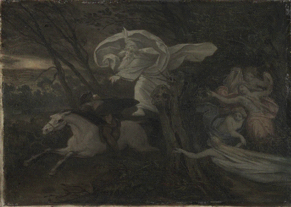 Painting of the Erlking: a robed spectral figure looms over a galloping white horse carrying a father and child through a dark wood, with wraith-like daughters reaching from the trees.