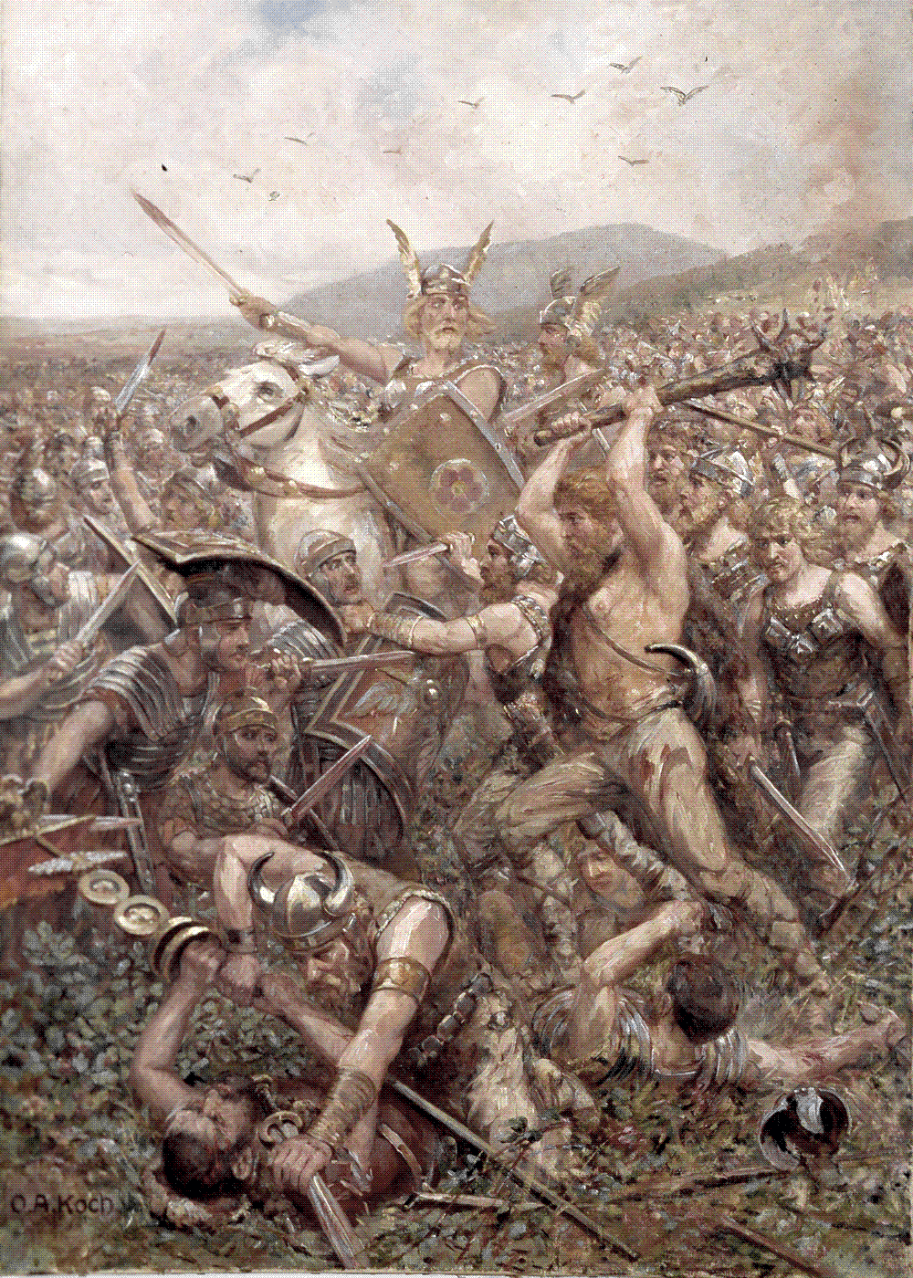 Painting of Germanic warriors with spears and shields storming through a dark forest against Roman legionaries, with dead bodies and scattered arms in the mud