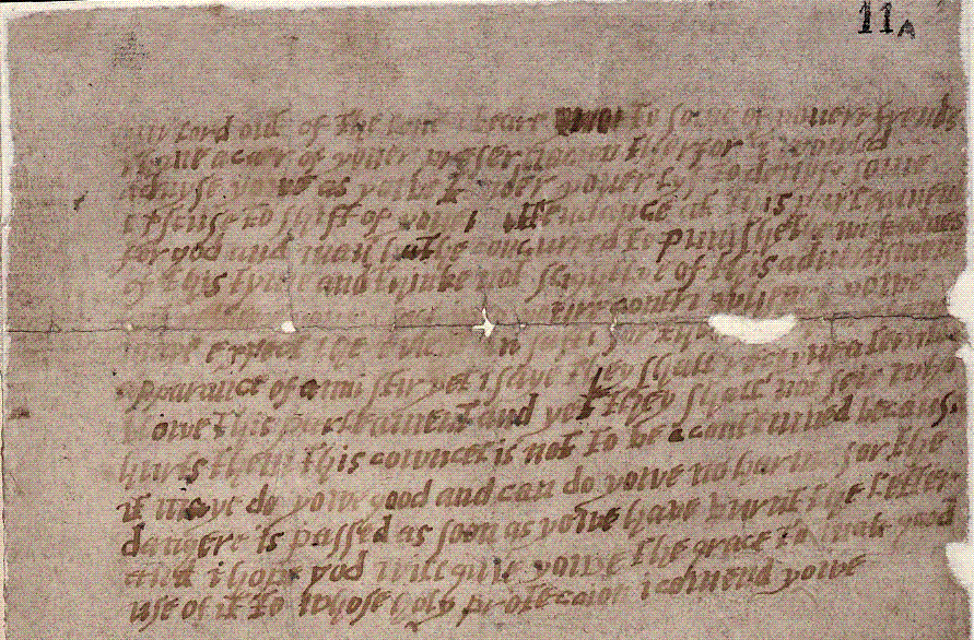 Photograph of the original 1605 Monteagle letter, a single sheet of aged paper covered in cramped brown secretary-hand script