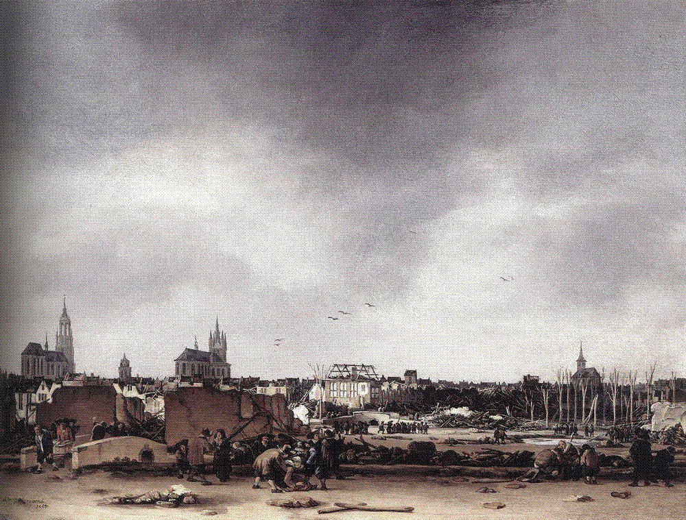 Seventeenth-century Dutch painting of a flattened town: broken beams, rubble and small figures in the foreground, a pool of water where the powder magazine stood, and church towers still standing on the horizon under a hazy sky