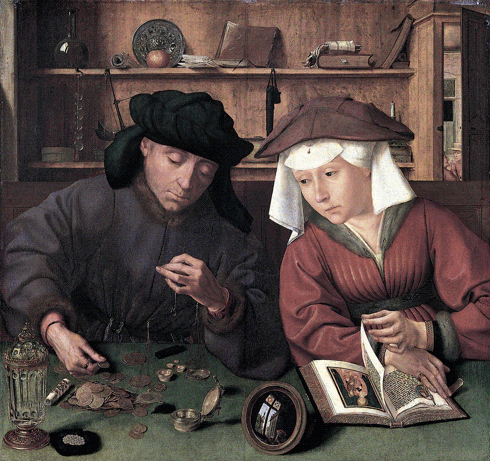 A seated 16th-century moneychanger weighs gold coins on a small balance while his richly dressed wife beside him looks up from an illuminated prayer book toward the money.