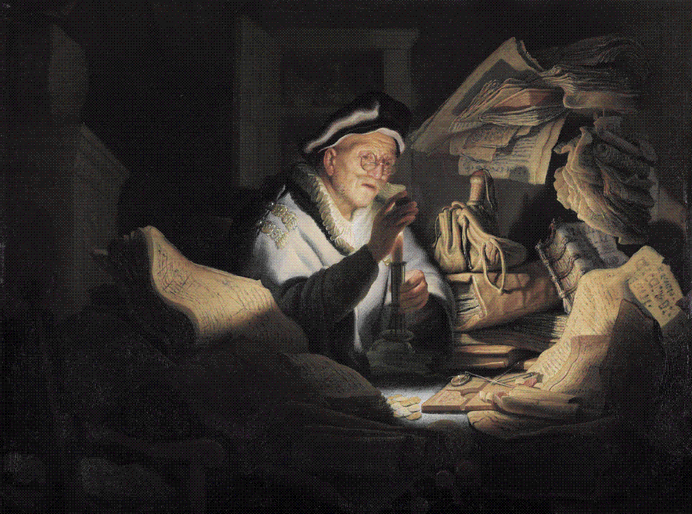 In near-darkness an old bespectacled man holds a gold coin up to a candle flame, surrounded by stacks of ledgers, papers, sealed letters and money bags.