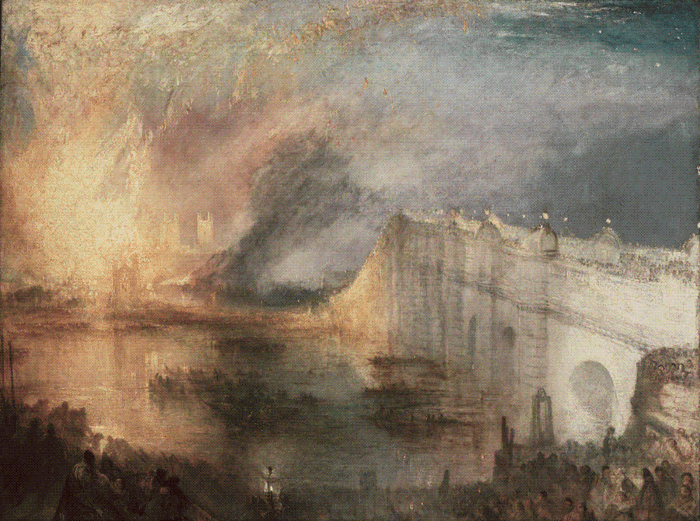 A vast public building engulfed in white-gold flames at night, its fire mirrored in the river below
