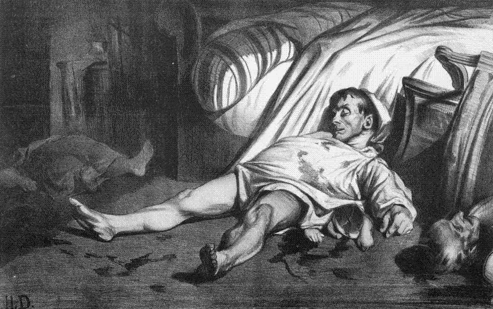 A dim bedroom where a slain workingman in his nightshirt lies sprawled on his back across the crushed body of a child, amid overturned furniture and shadow.