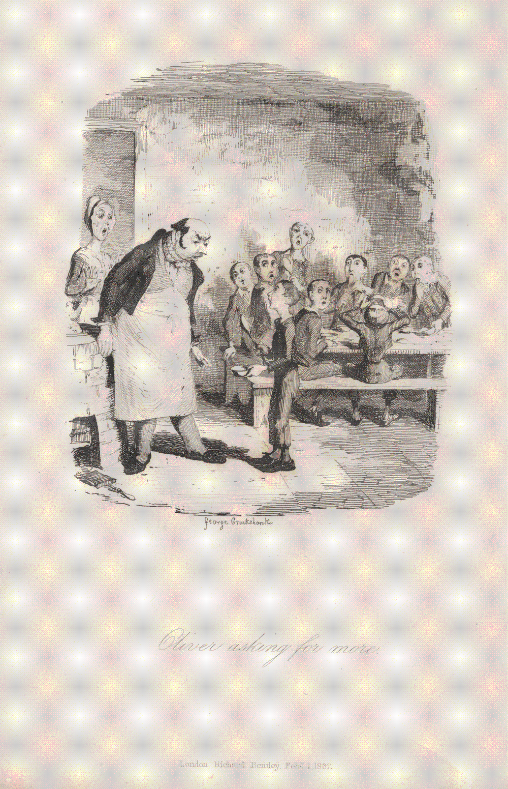 George Cruikshank's 1837 etching of Oliver Twist holding out his empty bowl to the towering workhouse master while the other boys look on.