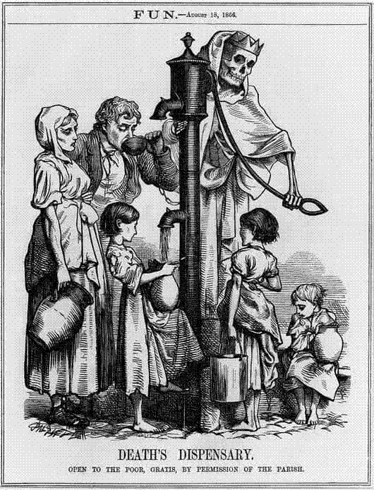 Wood engraving of a skeletal figure of Death operating a public water pump while poor Londoners gather to collect water