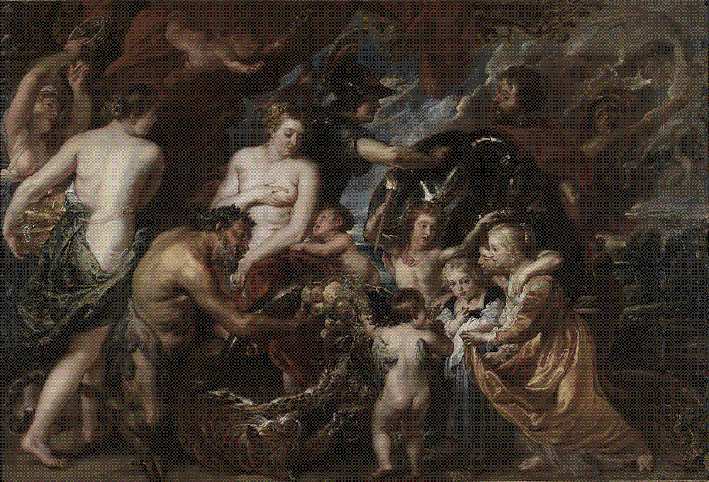Armored Minerva thrusts the war god Mars away while Pax nourishes the infant Plutus and children gather fruit from a cornucopia
