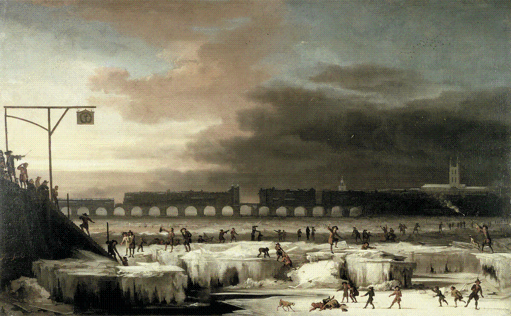 An oil painting of the Thames frozen into broken slabs of white ice, crowded with small figures walking, sledding and standing in groups, with Old London Bridge and city spires under a heavy grey sky in the distance.