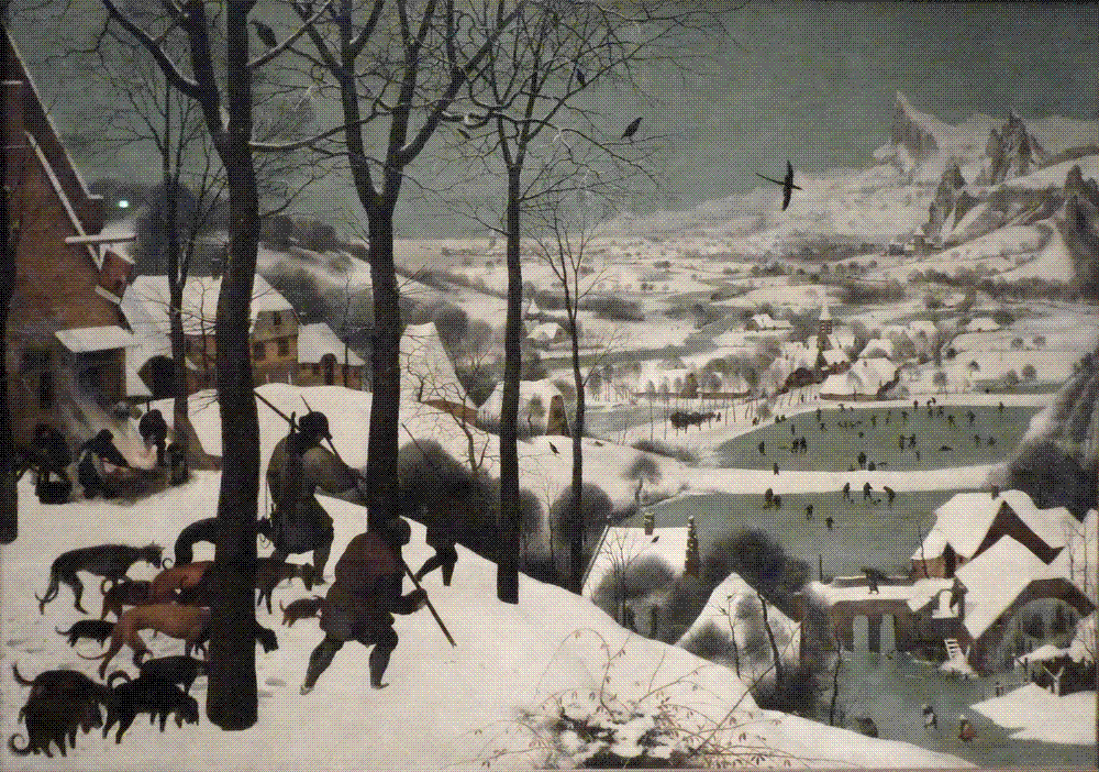 A winter landscape seen from a hilltop: three hunters with spears and a pack of dogs walk away from the viewer through deep snow past bare black trees, looking down on a village with two frozen ponds where small figures skate and play, with jagged mountains beyond under a pale green sky.
